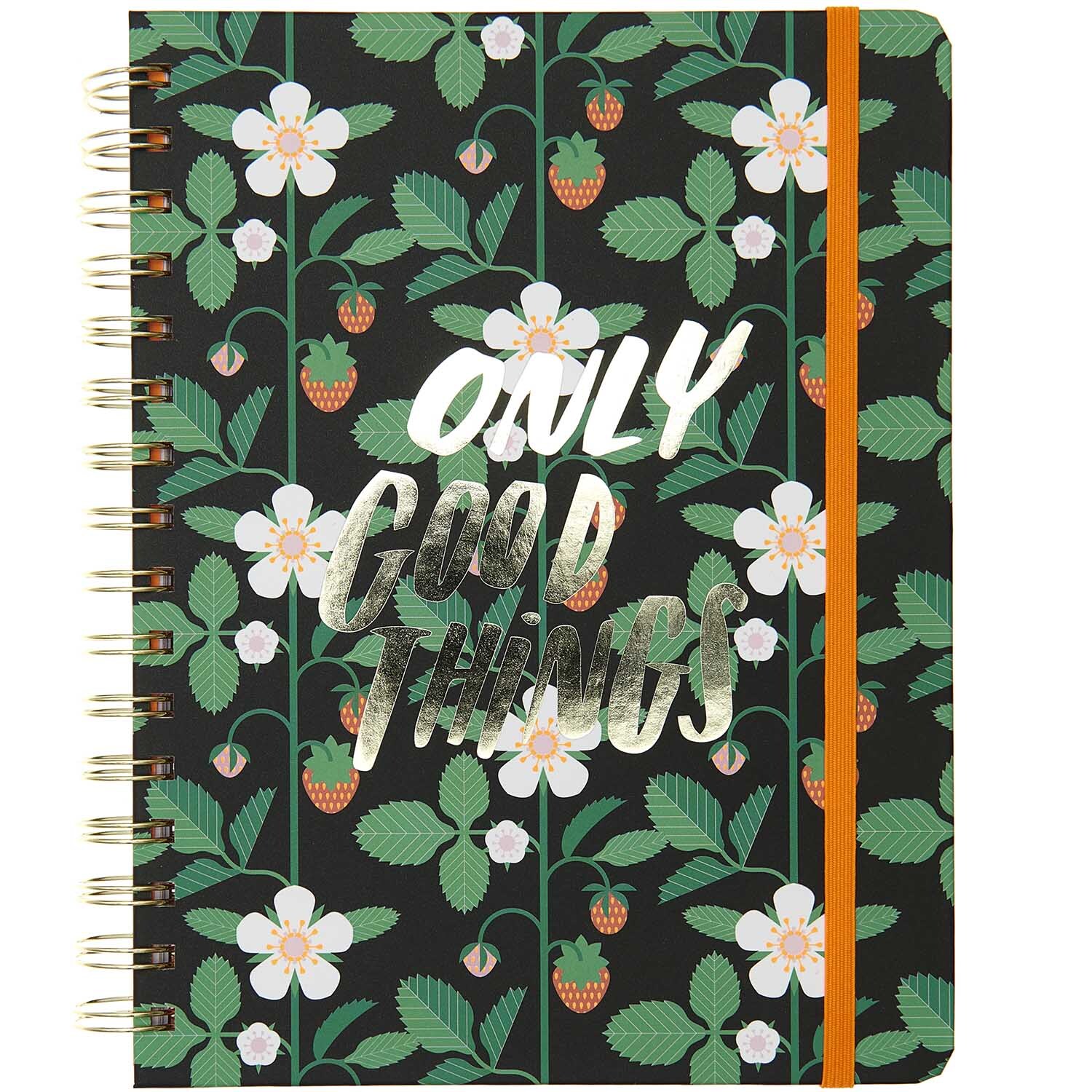 Paper Poetry Bullet Diary mit Spiralbindung, verziert mit Erdbeer- und Blumenmuster auf schwarzem Hintergrund.