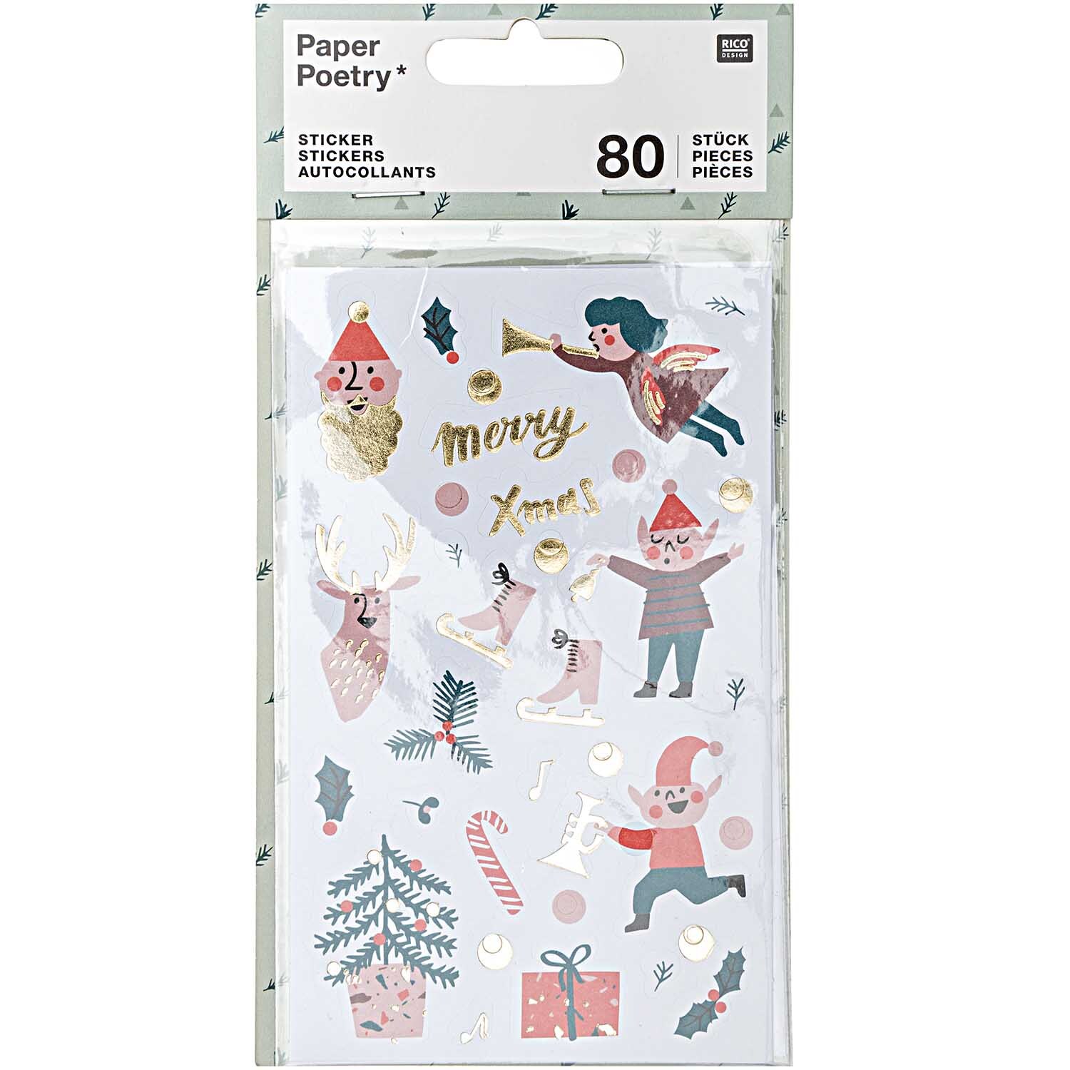 Paper Poetry Sticker Jolly Christmas Classic mit weihnachtlichen Motiven wie Engel, Geschenke und Tannenbaum, von Rico Design.