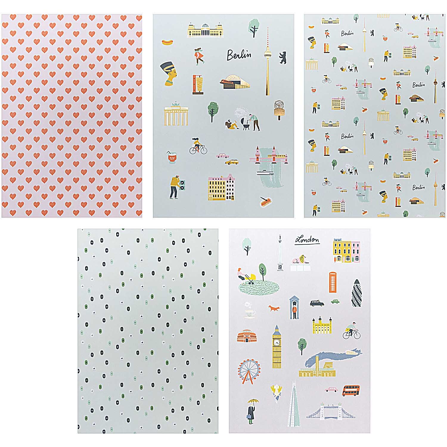 Paper Poetry Motivpapierblock Travel the World DIN A4 mit 40 Blatt, illustriert mit Reise- und Berlin-Motiven, ideal für kreative Projekte.