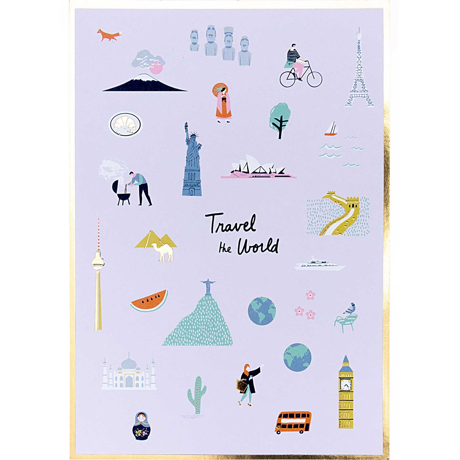 Paper Poetry Postkartenblock zeigt bunte Reiseillustrationen wie Eiffelturm, Big Ben und Freiheitsstatue auf hellem Hintergrund.