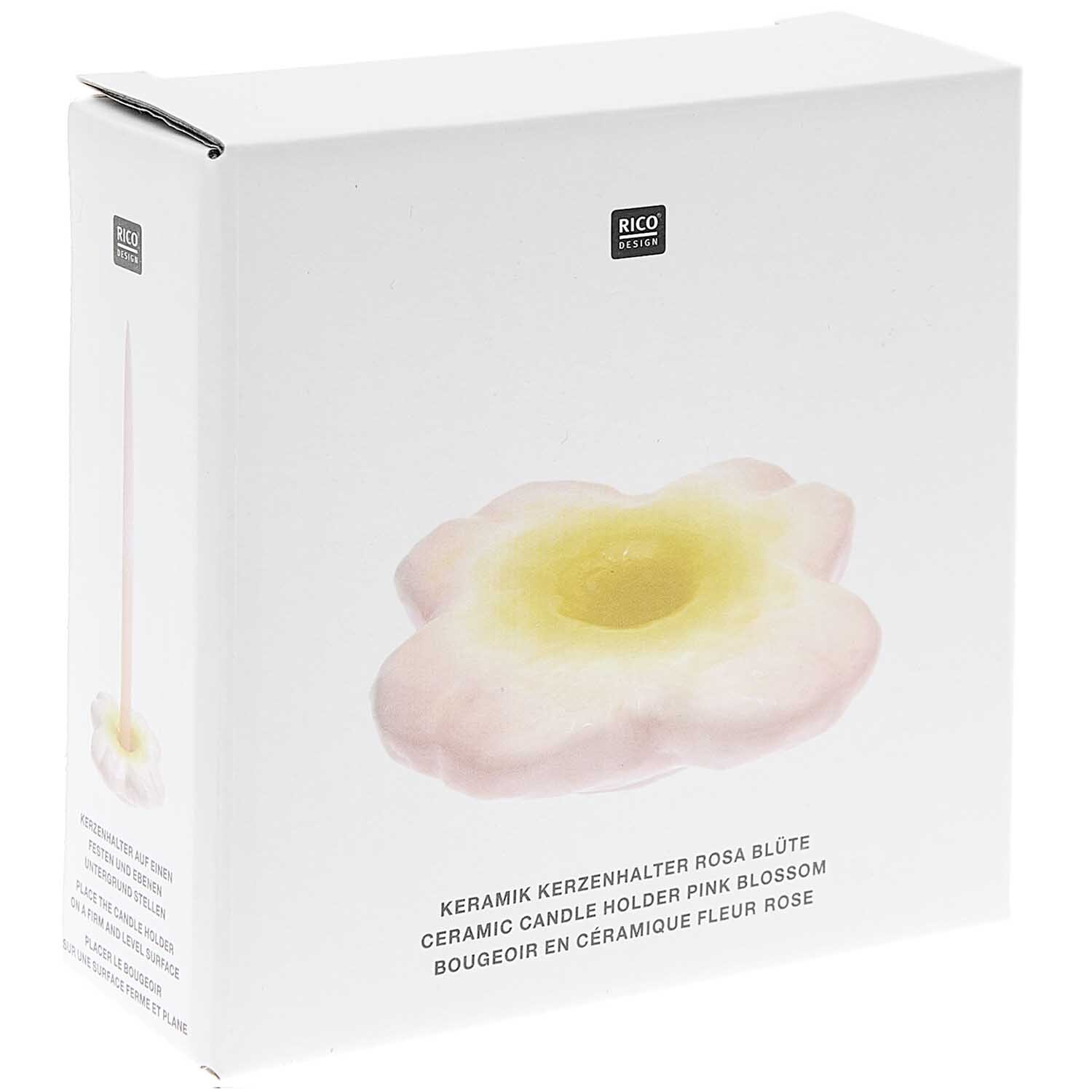 Keramik Kerzenhalter rosa Blüte von Rico Design, blütenförmig, auf weißem Hintergrund, Ø8,5cm H3cm.